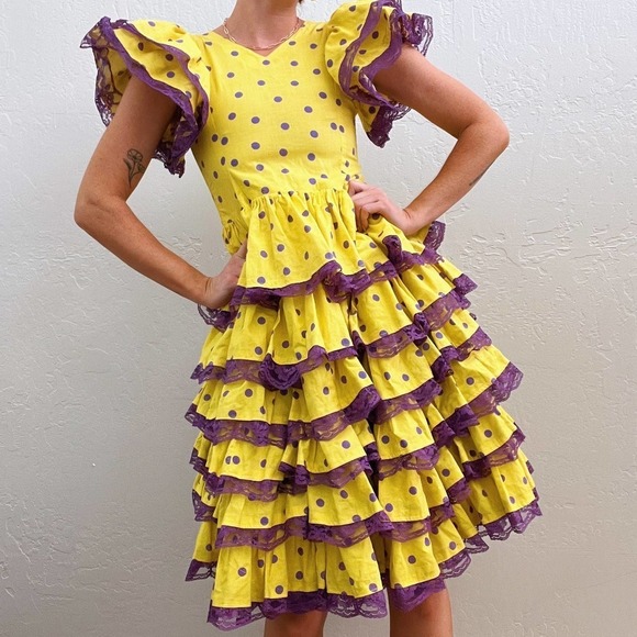 Vintage 1970's Yellow Purple Polka Dot Ruffle Lace Tiered Midi Dress - Picture 4 of 6